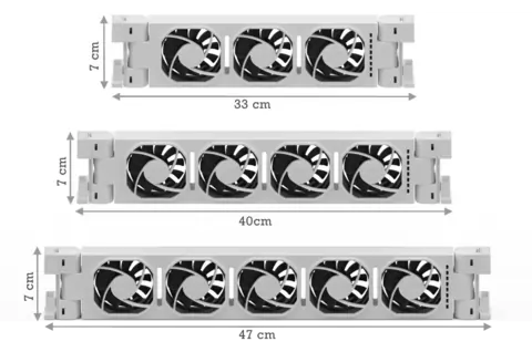 Verschillende radiatorventilator modules met hun afmetingen